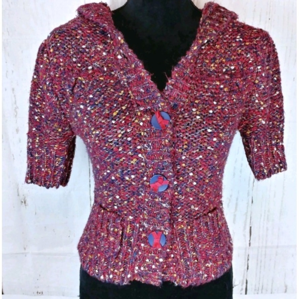 BKE Chunky Hooded Button Front Crop Cardigan Sweater Women's Medium Short Sleeve